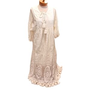 Alexis Boho Womens Crochet Norah Dress Pompoms Tasseled Maxi NWOT Cotton